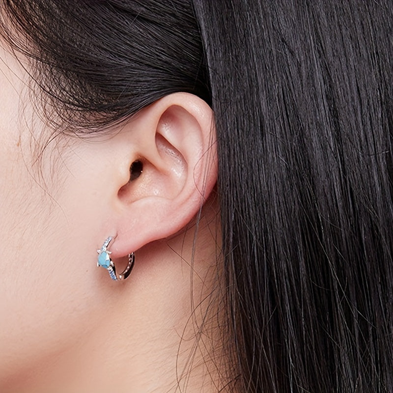 Sterling 925 Silver Cute Turtle Design Blue Hoop Earrings