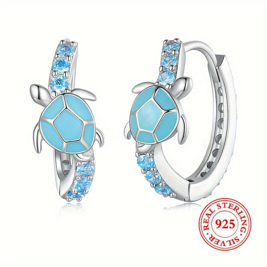 Sterling 925 Silver Cute Turtle Design Blue Hoop Earrings