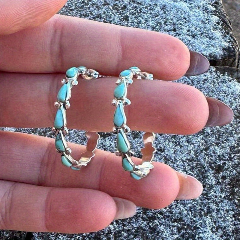 C Shape Turquoise Decor Retro Elegant Hoop Earrings