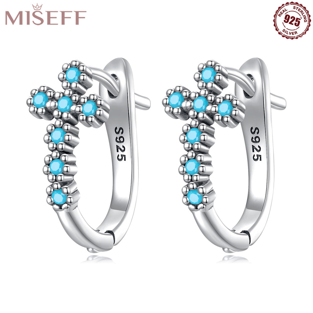 Sterling 925 Silver Cross Pattern Turquoise Hoop Earrings