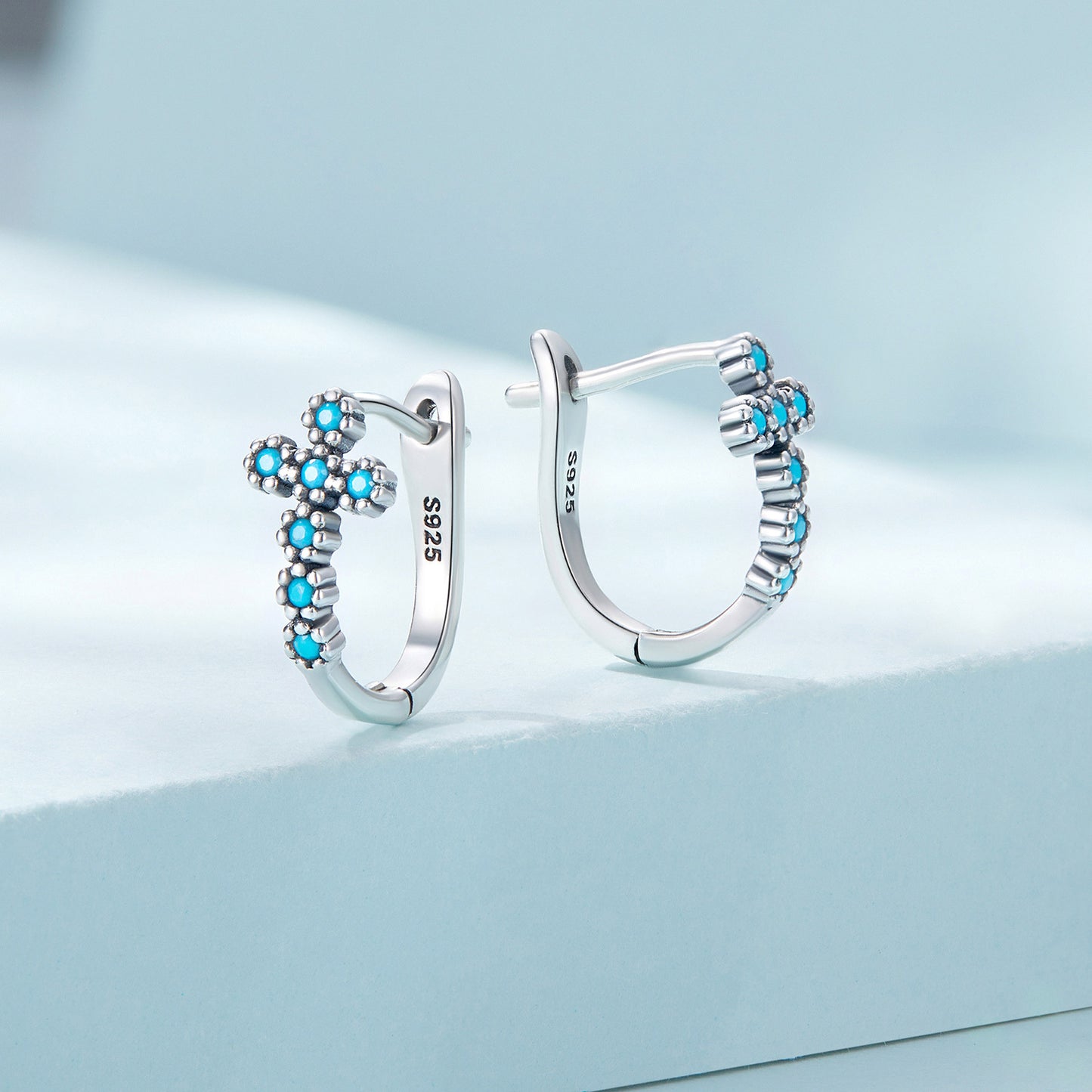 Sterling 925 Silver Cross Pattern Turquoise Hoop Earrings