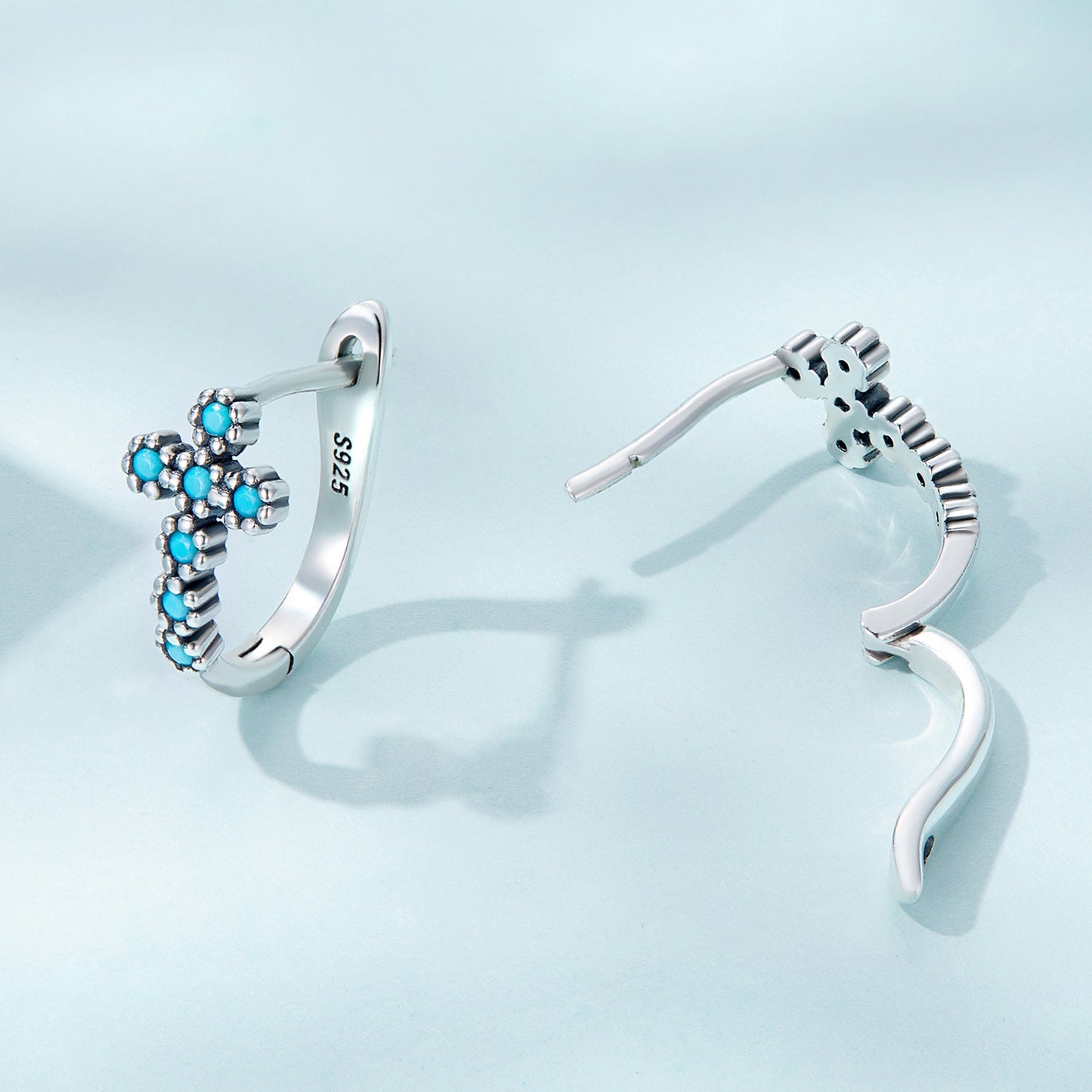 Sterling 925 Silver Cross Pattern Turquoise Hoop Earrings