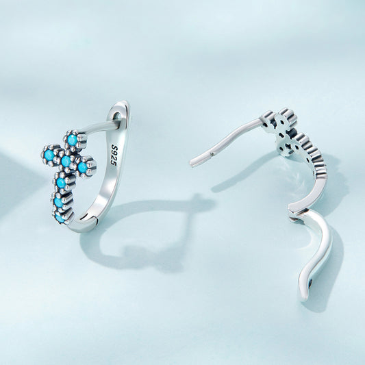 Sterling 925 Silver Cross Pattern Turquoise Hoop Earrings