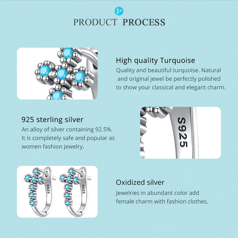 Sterling 925 Silver Cross Pattern Turquoise Hoop Earrings