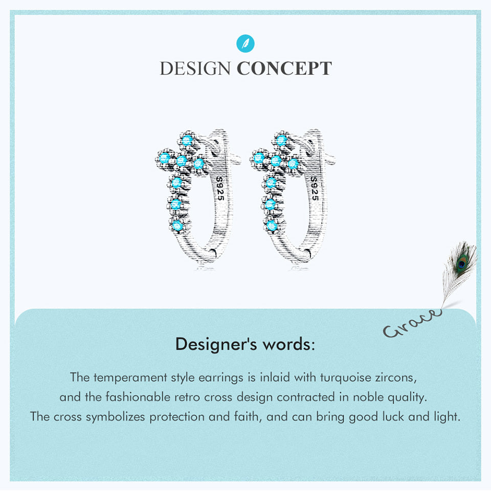Sterling 925 Silver Cross Pattern Turquoise Hoop Earrings