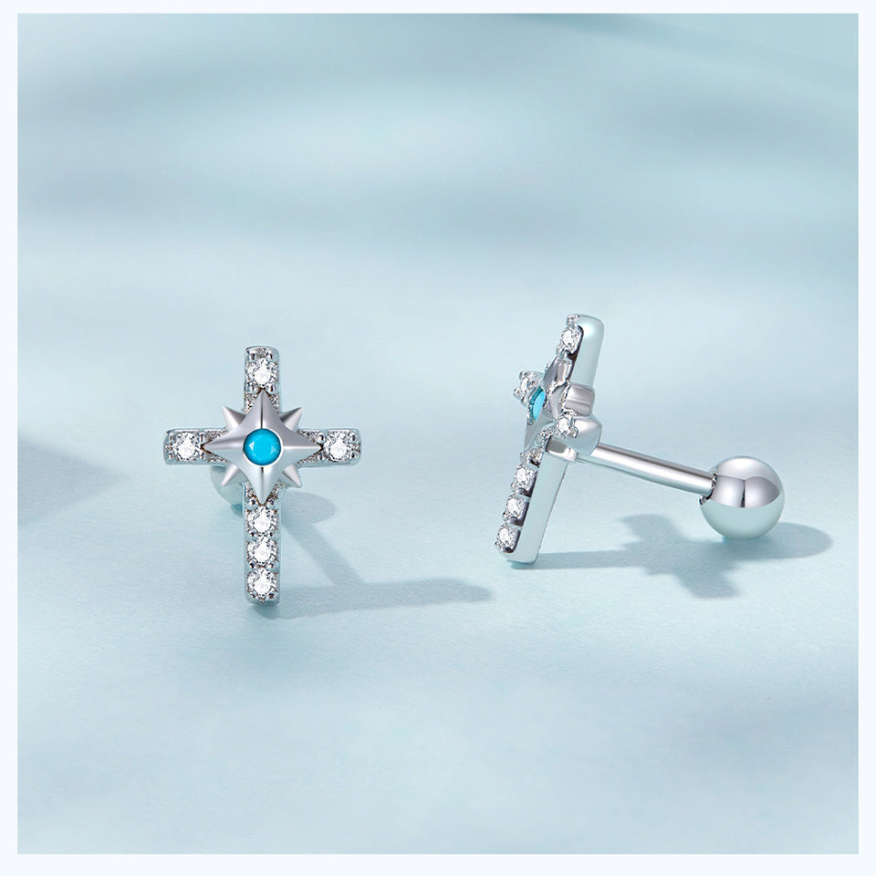 Sterling 925 Silver Cross Pattern Turquoise Hoop Earrings