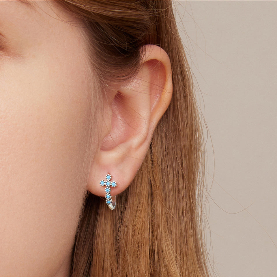 Sterling 925 Silver Cross Pattern Turquoise Hoop Earrings