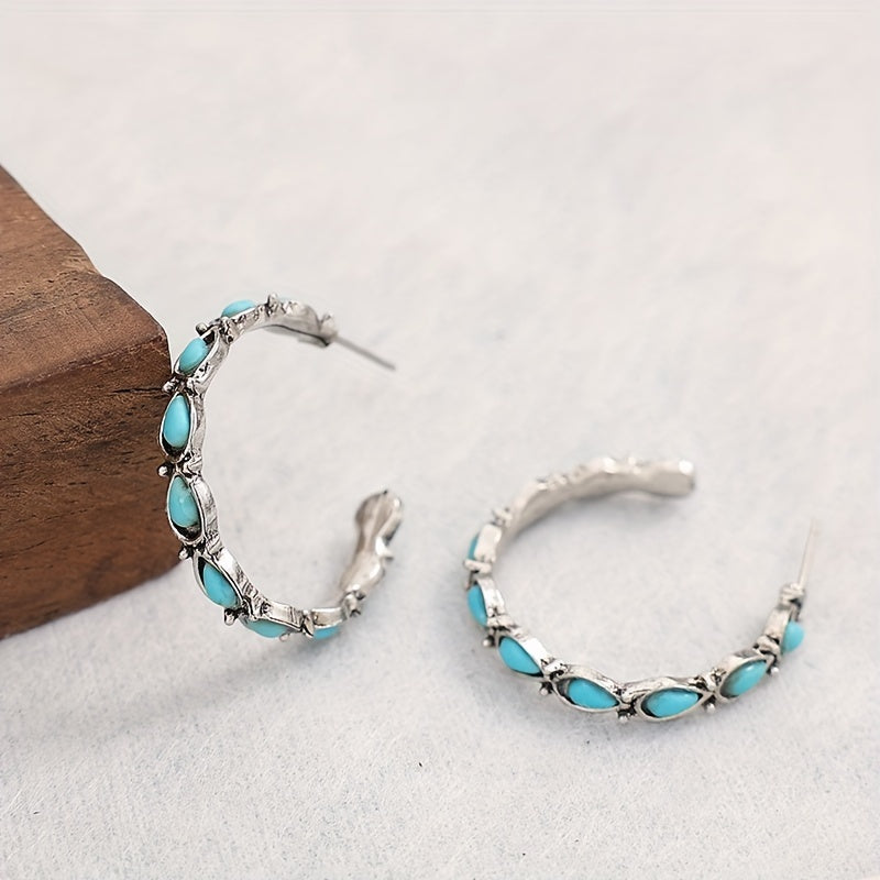 C Shape Turquoise Decor Retro Elegant Hoop Earrings