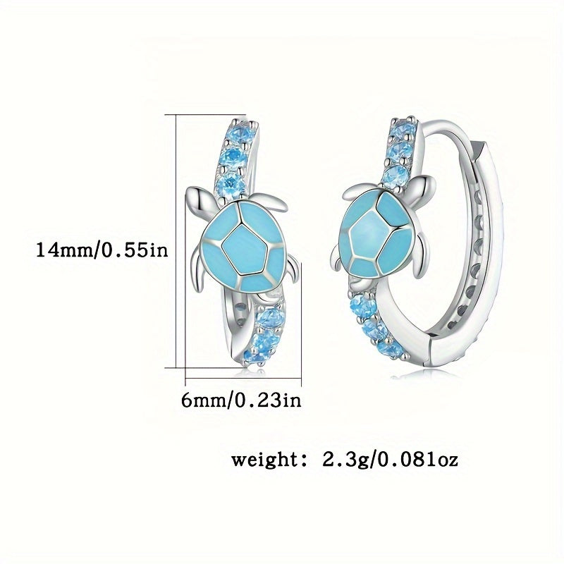 Sterling 925 Silver Cute Turtle Design Blue Hoop Earrings