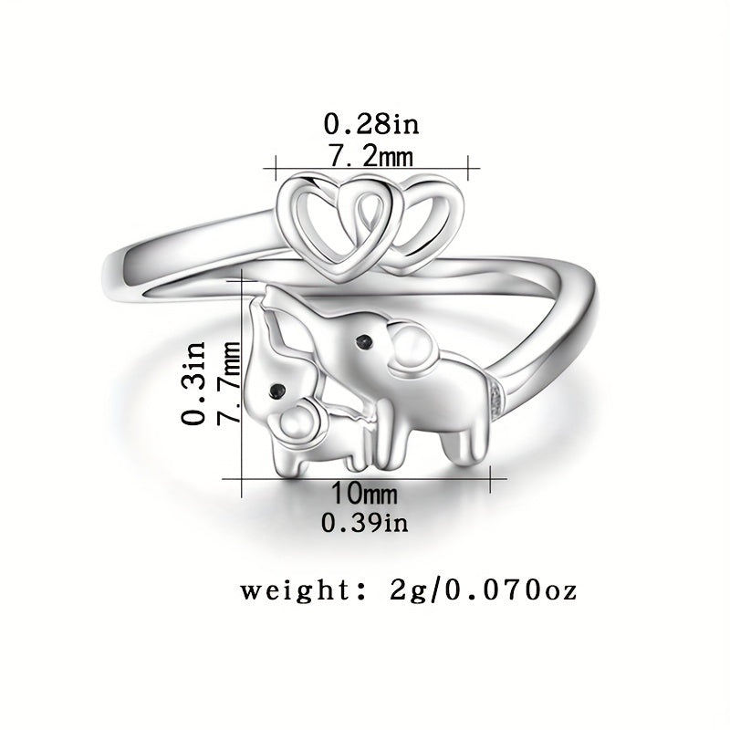 925 Sterling Silver Cute Elephant & Heart Wrap Ring