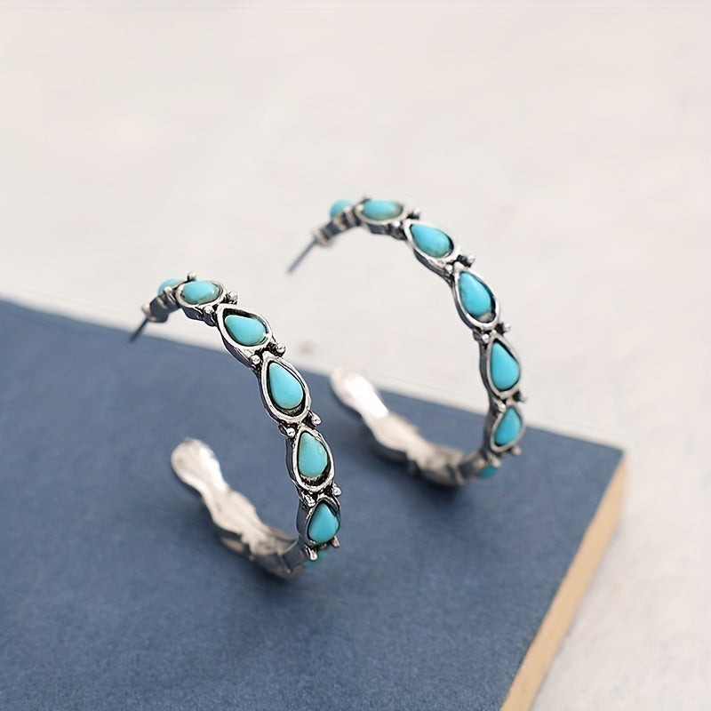 C Shape Turquoise Decor Retro Elegant Hoop Earrings