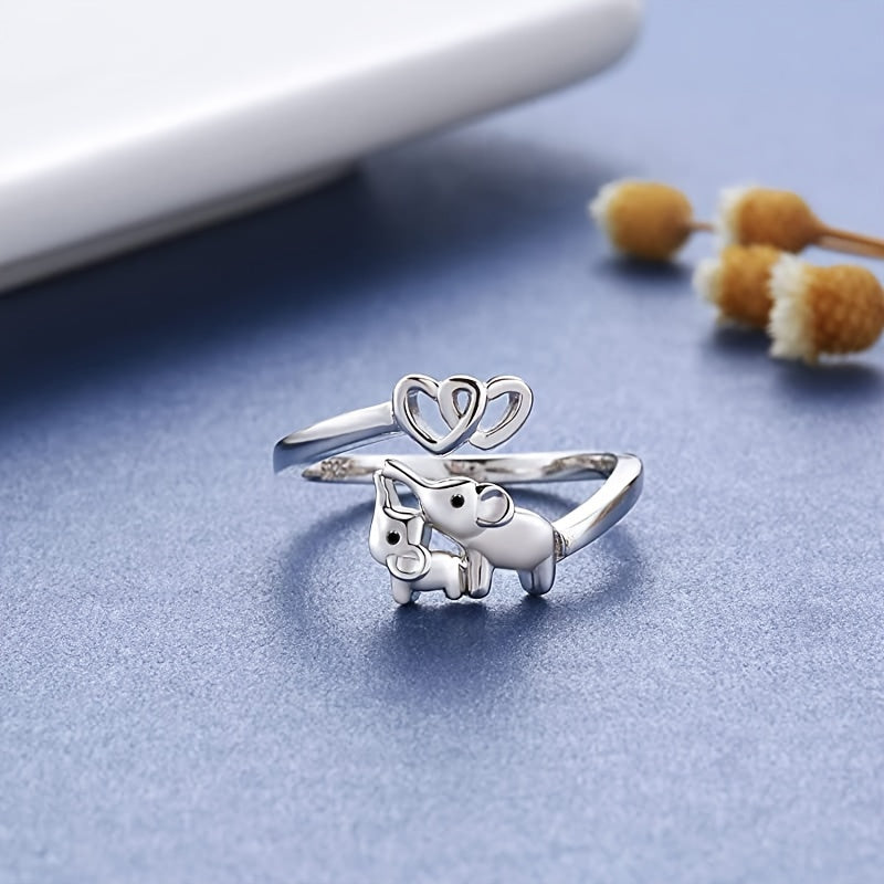 925 Sterling Silver Cute Elephant & Heart Wrap Ring