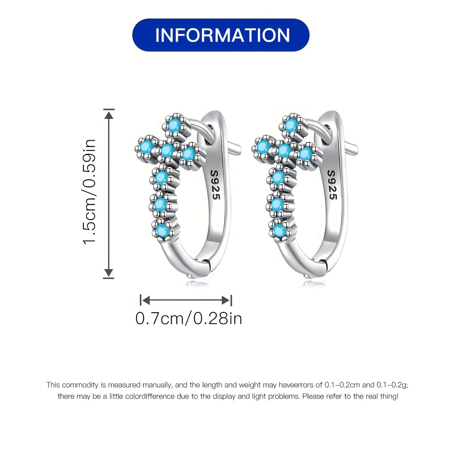 Sterling 925 Silver Cross Pattern Turquoise Hoop Earrings