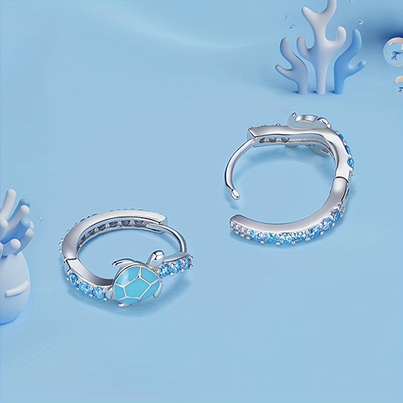 Sterling 925 Silver Cute Turtle Design Blue Hoop Earrings