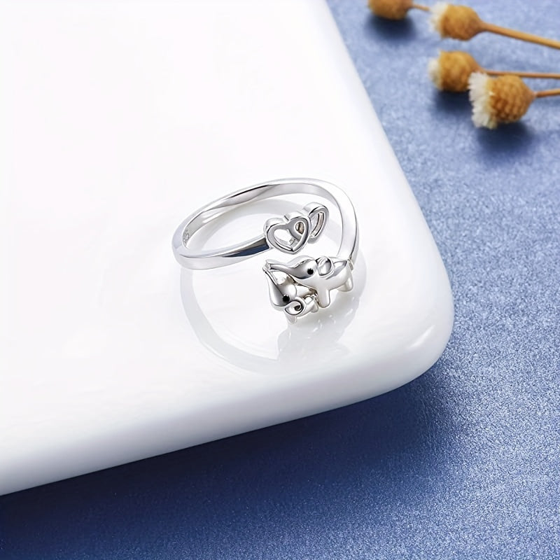 925 Sterling Silver Cute Elephant & Heart Wrap Ring