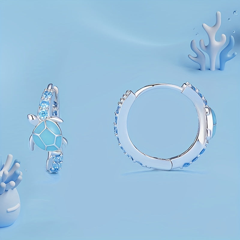 Sterling 925 Silver Cute Turtle Design Blue Hoop Earrings