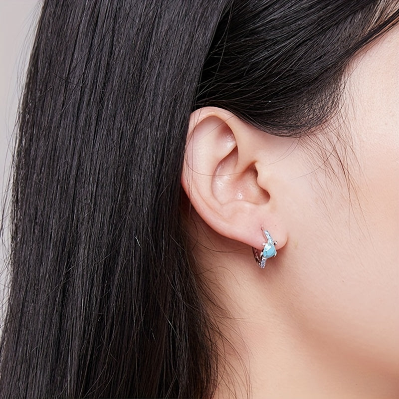 Sterling 925 Silver Cute Turtle Design Blue Hoop Earrings