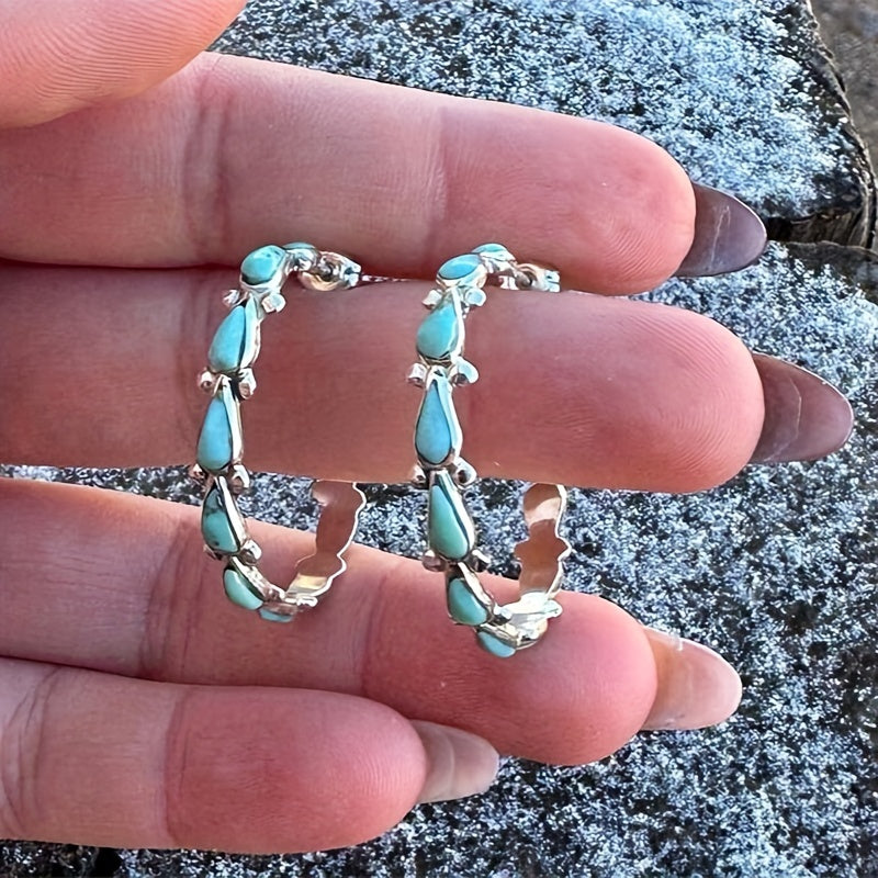 C Shape Turquoise Decor Retro Elegant Hoop Earrings