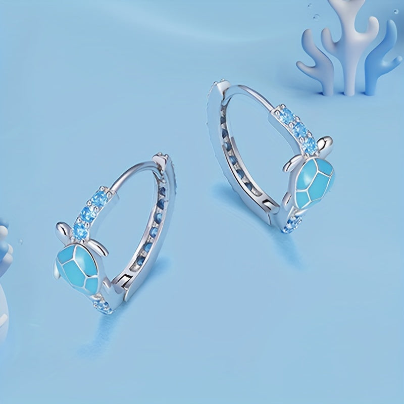 Sterling 925 Silver Cute Turtle Design Blue Hoop Earrings
