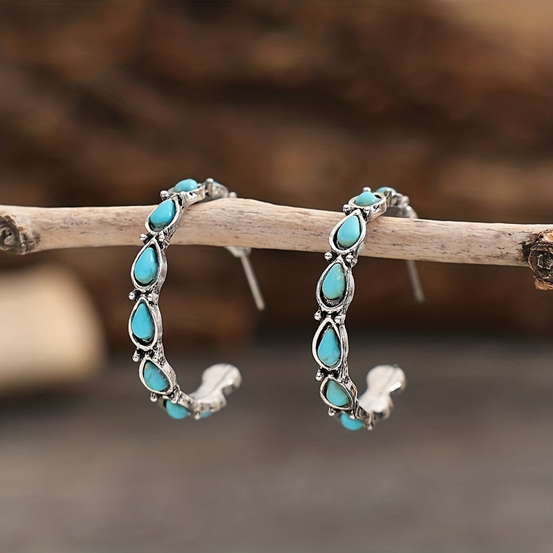 C Shape Turquoise Decor Retro Elegant Hoop Earrings